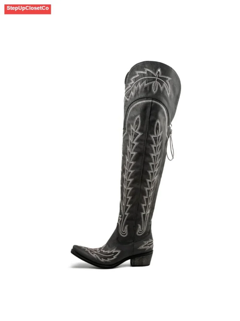 Thigh High Cowboy Boots Wide Calf Western Over The Knee Faux Leather Chunky Heel